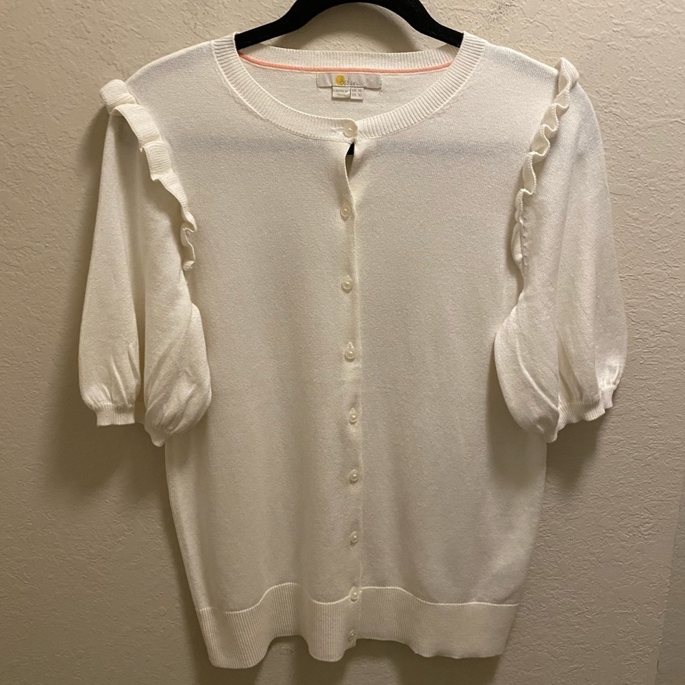 Boden Off-White Ruffle Trim Short Sleeve Cardigan Size 10